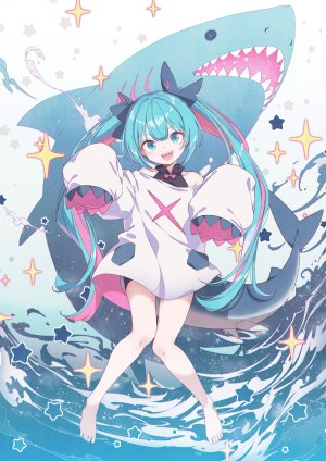 VOCALOID,初音ミク,40hara,single,长发,長身像,视线正对,開口,双马尾,全身,长袖,少女,动物,シャーク