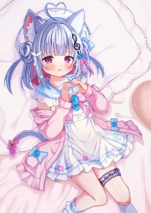 katagiri_aki,独立虚拟YouTuber,夜桜ソウキ,呆毛,兽耳,铃,青发,开衫,猫耳,猫娘,猫尾,连衣裙,发饰,长袖,视线正对,横臥,開口,粉发,紫色眼,single