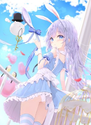 香風智乃,请问您今天要来点兔子吗?,ふぇありぃあい,兽耳,围裙,露肩,碧眼,青发,脸红,breasts,连衣裙,发饰,长发,视线正对,女仆,胖次,紫发,天空,丝袜,下着,超长发,白丝