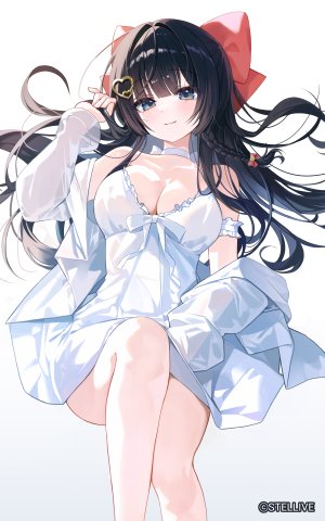 白雪ひな,StelLive,myowa,露肩,黑发,碧眼,三股辫,breasts,项圈,cleavage,连衣裙,发饰,长发,长袖,视线正对,笑顔,single,夏装,Vtuber