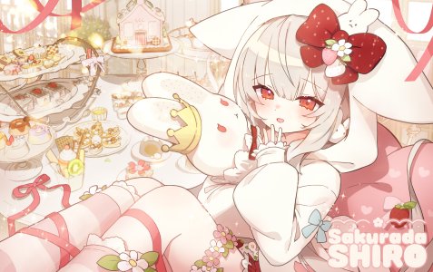 原创,applecaramel,兽耳,脸红,灰发,holding,长袖,视线正对,张嘴,红色眼,缎带,坐姿,草莓,毛绒玩具