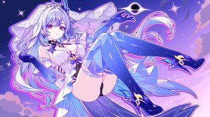 finn_flint,丝柯克,原神,breasts,连衣裙,全身,长发,红色眼,坐姿,天空,single,头饰,超长发,白发