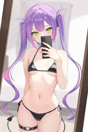 常暗トワ,Hololive,猫乃介,水着,breasts,cameltoe,holding,长发,视线正对,露脐,粉发,紫发,single,泳装,双马尾,超长发,Vtuber