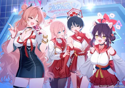 勇美カエデ,綺良々,水羽ミモリ,春日ツバキ,蔚蓝档案,tokki,兽耳,黑发,breasts,cleavage,長手袋,手套,光晕,holding,和服,长发,长袖,巫女,挤眼,開口,裤袜,粉发,衬衫,短发,短裙,笑顔