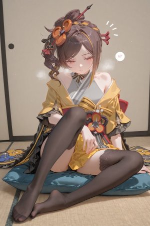 CunnyFunky,千织,原神,和服,棕发,红瞳,高马尾,卷发,头饰,黑丝,AI生成图