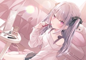 原创,hoshi,露肩,脸红,breasts,灰发,发饰,holding,长发,视线正对,褶皱裙,短裙,single,超长发