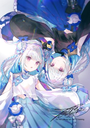 lize_helesta,sebastian_piyodore,Nijisanji,藤ちょこ,青发,直刘海,三股辫,汉服,双团子头,包子頭,发饰,萝裙,长发,长袖,视线正对,横臥,開口,褶皱裙,紫色眼,衬衫,短裙,Vtuber,白背景,白发