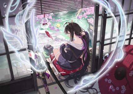 星塔旅人,chitose,single,长发,视线正对,highres,light_erotic,黑发,坐姿,紫色眼,呆毛,少女,weapon,剑,雨伞