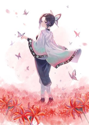 蝴蝶忍,鬼灭之刃,sebu_illust,黑发,蝴蝶,发饰,和服,紫色眼,紫发,笑顔,single,白背景