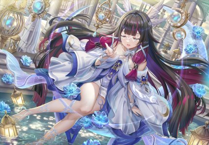 原神,コロンビーナ,torino_aqua,single,前发,highres,開口,黑发,笑顔,直刘海,超长发,少女,连衣裙,翅膀,仮面,灯笼