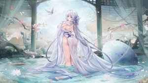 光辉,碧蓝航线,banchiyuebai,呆毛,露肩,碧眼,脸红,breasts,连衣裙,发饰,长发,视线正对,回头看,天空,笑顔,雨伞,超长发,湿身,白发