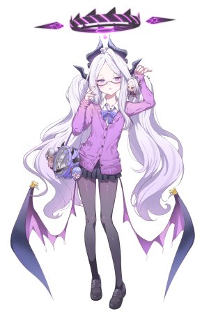 油锅炒菜,天雨亚子,火宫千夏,银镜伊织,空崎日奈,チビ,呆毛,恶魔娘,全身,holding,horns,长发,长袖,视线正对,裤袜,紫色眼,学校制服,衬衫,短裙,single,针织衫,超长发,白背景,白发,眼镜,制服