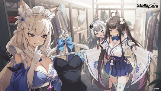 星塔旅人,千都世,乙叶,tosom,兽耳,黑发,碧眼,breasts,cleavage,長手袋,狐娘,手套,灰发,holding,和服,长发,褶皱裙,紫色眼,紫发,短裙,双马尾