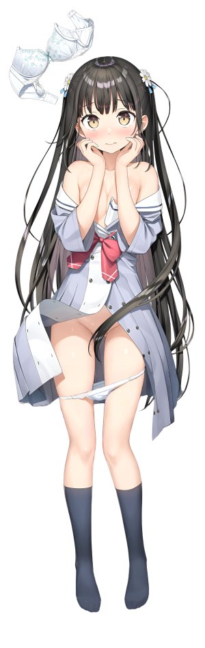 nagisa,原创,kantoku,黑发,bra,breasts,长发,No-Bra,胖次,panty_pull,学校制服,single,下着,超长发,黄色眼