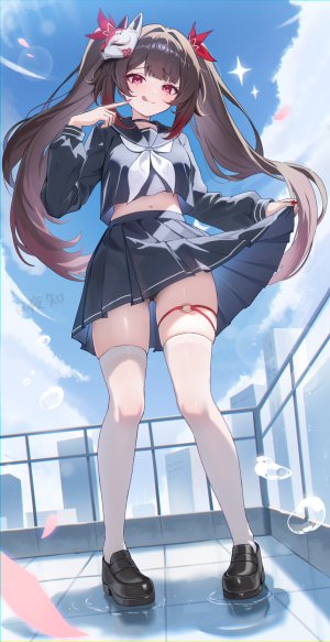 崩坏：星穹铁道,honkai,花火,night_known,single,長身像,视线正对,脸红,天空,全身,闪烁,少女,丝袜,短裙,制服,白丝,花瓣,水手服