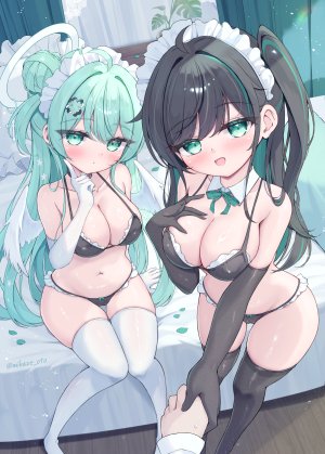 原创,緑風マルト,呆毛,天使,水着,黑发,脸红,breasts,cleavage,長手袋,手套,包子頭,光晕,长发,视线正对,女仆,開口,坐姿,笑顔,泳装