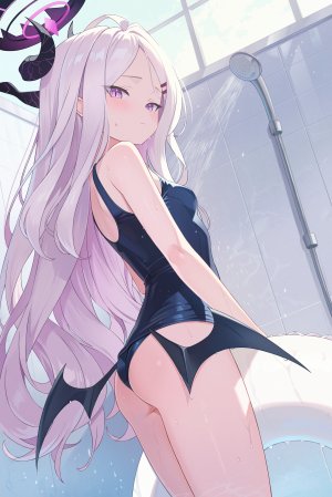 szkure.,空崎日奈,蔚蓝档案,沐浴,恶魔,光晕,萝莉,死库水,泳装,翅膀