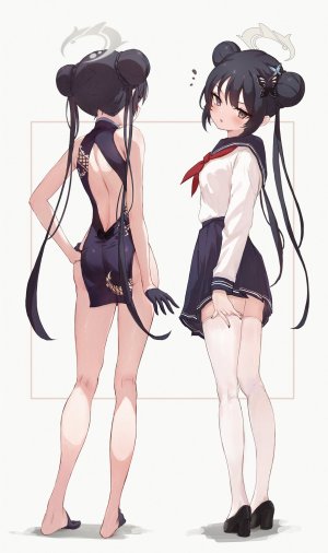 Yoyopipa,蔚蓝档案,竜華キサキ,前发,露肩,黑发,黑丝,脸红,三股辫,breasts,棕色眼,汉服,双团子头,连衣裙,手套,绿色眼,包子頭,发饰,光晕,长发,长袖,视线正对,回头看,nopan,開口,胖次