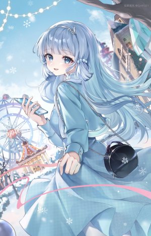 神里綾華,原神,孤葬南风,碧眼,青发,breasts,连衣裙,发饰,holding,长发,长袖,视线正对,回头看,開口,天空,笑顔,雪花,single