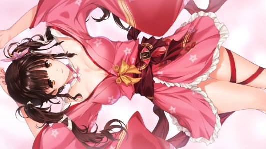 羽華,MIN-NARAKEN,露肩,breasts,茶发,游戏CG,和服,视线正对,横臥,オビ,短发,笑顔,single,双马尾