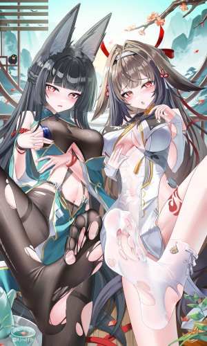 星见雅,叶瞬光,绝区零,jndfh,兽耳,黑发,breasts,茶发,汉服,狐娘,发饰,长发,视线正对,露脐,開口,裤袜,花瓣,红色眼,爆衣,超长发