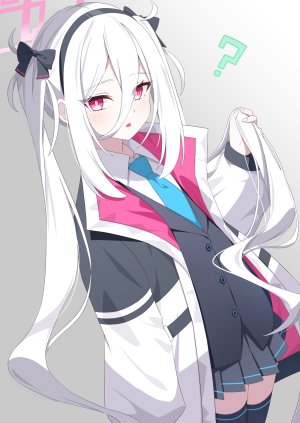 天童Kei,蔚蓝档案,divergenceok,黑丝,光晕,褶皱裙,衬衫,短裙,single,丝袜,双马尾,白发,絶対領域