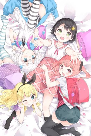 夢川るる,りり,成瀬リコッタ,小学女生初相会,牛乳のみお,黑发,黑丝,金发,碧眼,连衣裙,绿色眼,发饰,kneehighs,视线正对,横臥,闭只眼,粉发,学校制服,短发,银发,短裙,双马尾