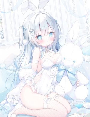 原创,omochi_monaka,兽耳,露肩,碧眼,青发,脸红,breasts,cleavage,发饰,长发,视线正对,缎带,single,毛绒玩具,丝袜,超长发,白发,白丝