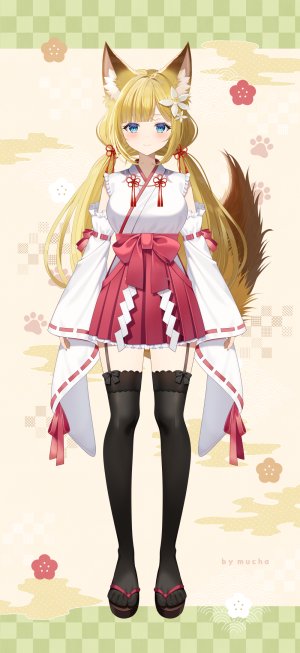 yuzunoki_momi,独立虚拟YouTuber,Myusha,兽耳,黑丝,金发,碧眼,breasts,狐娘,全身,发饰,和服,长发,长袖,短裙,笑顔,single,丝袜,双马尾,超长发,Vtuber