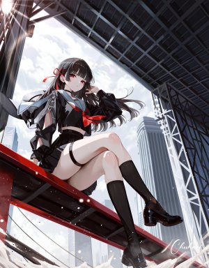 鸣潮,chisa,kao,single,长发,長身像,视线正对,前发,脸红,黑发,红色眼,坐姿,天空,直刘海,少女,制服,项圈,水手服