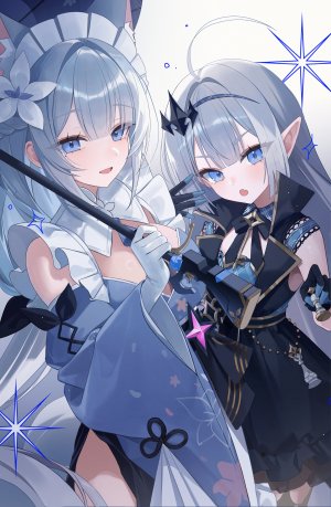 星塔旅人,乙叶,myowa,呆毛,兽耳,碧眼,三股辫,连衣裙,手套,灰发,holding,和服,长发,视线正对,開口,尖耳,雨伞