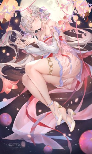 么赖赖,今汐,鸣潮,汉服,garter,No-Bra,看穿,前发,breasts,双马尾,holding,cleavage,银发,全身,直刘海,横臥,超长发,少女,连衣裙,灯笼