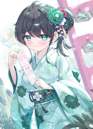 原创,緑風マルト,呆毛,黑发,breasts,绿色眼,绿发,发饰,和服,长发,视线正对,オビ,rose,single