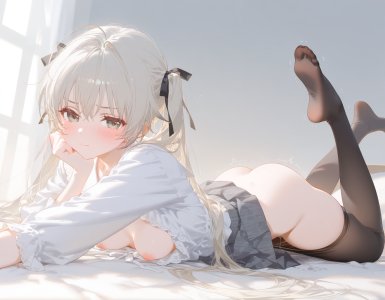 缘之空,春日野穹,双马尾,黑丝,露胸,趴卧,AI生成图