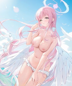 ほうき星,圣园未花,蔚蓝档案,天使,水着,nipples,泳装,topless,翅膀