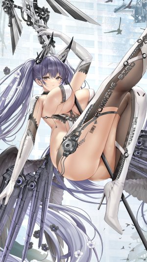 echocalypse,breasts,cleavage,長手袋,全身,手套,长发,视线正对,紫色眼,紫发,single,丝袜,双马尾,超长发,weapon