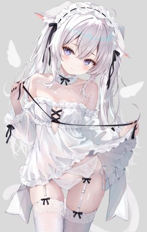 原创,みはす,兽耳,露肩,breasts,猫耳,猫娘,猫尾,项圈,连衣裙,吊带袜,长发,视线正对,胖次,紫色眼,缎带,single,丝袜,双马尾,下着,白发,白丝,翅膀