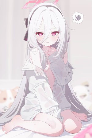 天童Kei,蔚蓝档案,deyui,露肩,脸红,breasts,光晕,长发,视线正对,露脐,开衫,红色眼,衬衫,坐姿,single,超长发,白发