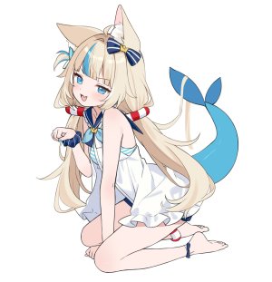 sameko_saba,独立虚拟YouTuber,hitsukuya,呆毛,兽耳,水着,金发,碧眼,青发,猫耳,猫娘,跪姿,长发,開口,坐姿,笑顔,single,泳装,双马尾,Vtuber,白背景