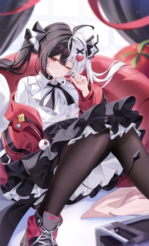 neverness_to_everness,愛田乃彩,呆毛,黑发,发饰,长发,视线正对,挤眼,裤袜,衬衫,短裙,single,白发