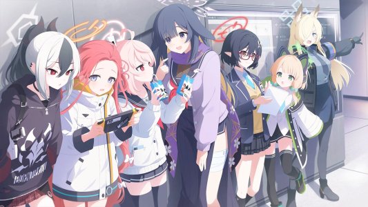 花冈柚子,鬼方佳世子,才羽ミドリ,蔚蓝档案,兽耳,绷带,光晕,耳机,高跟鞋,horns,眼镜,猫耳,尖耳,制服,针织衫,丝袜