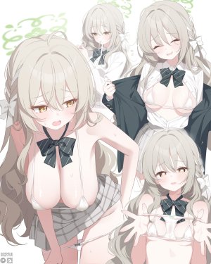 蔚蓝档案,deyui,呆毛,輪チラ,露肩,水着,脸红,领结,三股辫,breasts,茶发,cleavage,绿色眼,灰发,光晕,holding,长发,视线正对,マイクロビキニ,迷你短裙,開口,胖次,panty_pull,褶皱裙,激凸,学校制服