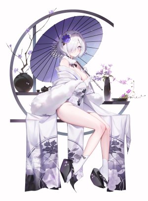 原创,dodari,露肩,碧眼,脸红,breasts,cleavage,全身,手套,发饰,holding,和服,视线正对,短发,坐姿,single,雨伞,白背景,白发