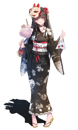 鸣潮,千咲,batto_neko,single,长发,長身像,视线正对,前发,脸红,黑发,白背景,holding,全身,直刘海,传统服装,和服,阴影,少女,オビ,仮面