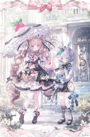 おにねこ,兽耳,碧眼,三股辫,茶发,手套,灰发,holding,灯笼,长发,长袖,红色眼,衬衫,短裙,草莓,毛绒玩具,双马尾,雨伞,超长发