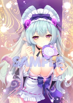 梦见月瑞希,原神,萌木原ふみたけ,围裙,露肩,青发,脸红,breasts,项圈,cleavage,holding,长发,视线正对,尖耳,紫色眼,笑顔,single,超长发