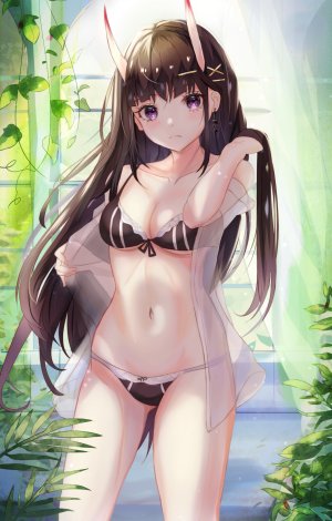 碧蓝航线,noshiro,ぱにぽ,长发,single,長身像,脸红,视线正对,前发,胸部,黑发,紫色眼,cleavage,直刘海