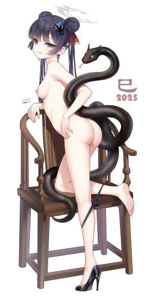 竜華キサキ,蔚蓝档案,neps-l,黑发,breasts,双团子头,全身,包子頭,发饰,光晕,长发,视线正对,nipples,胖次,panty_pull,缎带,笑顔,snake,single,双马尾,下着,白背景