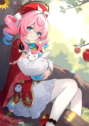 风堇,崩坏：星穹铁道,aviary,apple,碧眼,青发,连衣裙,长袖,视线正对,裤袜,粉发,笑顔,single