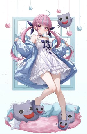 湊あくあ,にゃくあーと,Hololive,sa-ya2,呆毛,直刘海,三股辫,项圈,连衣裙,全身,holding,长发,视线正对,粉发,紫色眼,缎带,single,双马尾,Vtuber